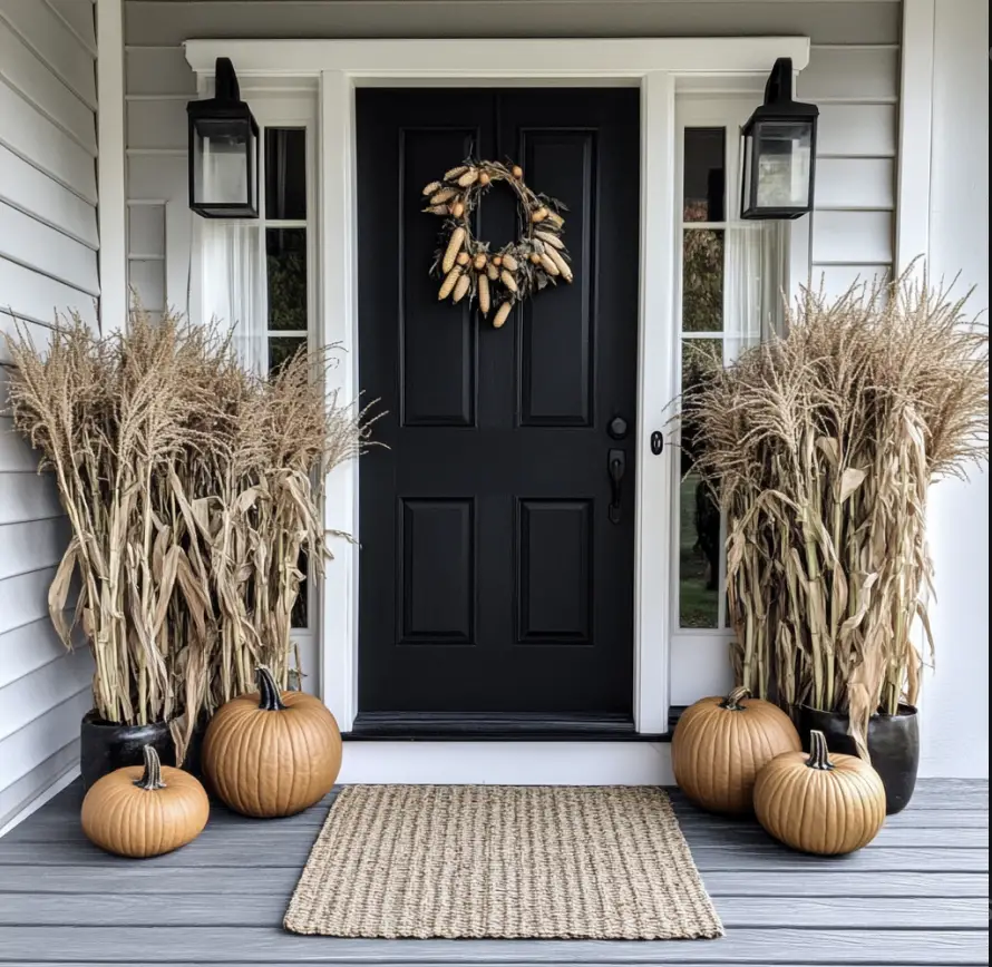 Front porch with pumpkins and corn stalks for fall front porch decor ideas.